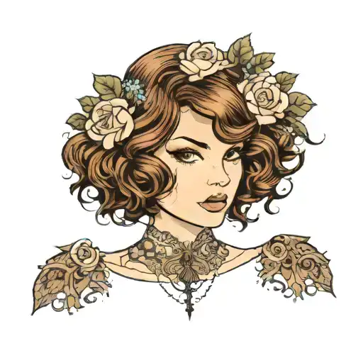 girl with brown wavy bob dressed in lace tattoo design idea