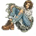 girl with brown wavy bob wearing ripped jeans tattoo design idea