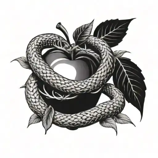 apple of eden and two snakes descending and biting it tattoo design idea