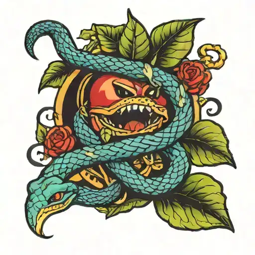 apple of eden and two snakes biting it tattoo design idea