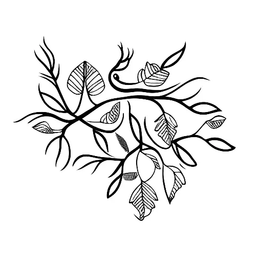 Branch with three birds on it and one flying away tattoo design idea