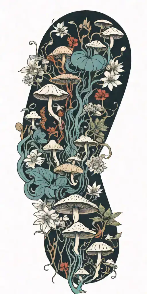 water flower tree leaves trippy mushrooms Mayan warrior  tattoo design idea