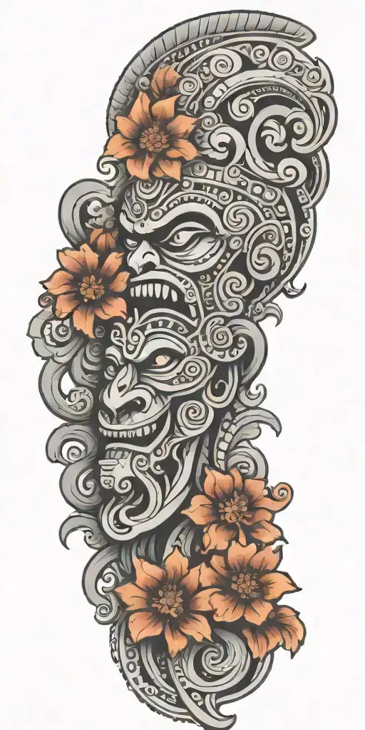  Mayan warrior tongue out on tongue flowers waves Mayan tribal pattern mushrooms   tattoo design idea