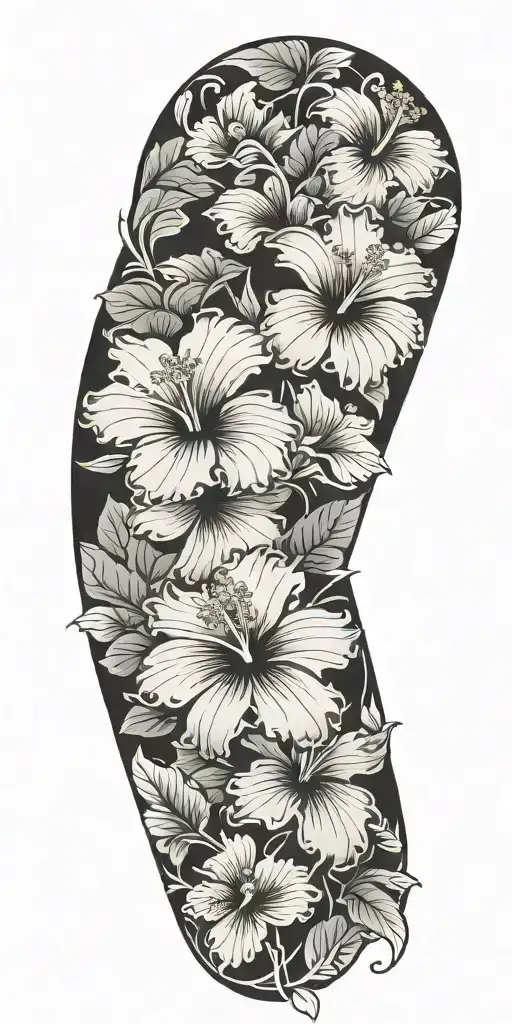 hibiscus sleeve black grey style tattoo design idea