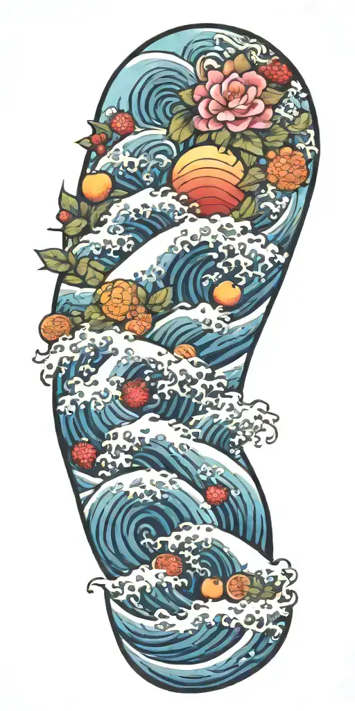 waves fruit sun tattoo design idea