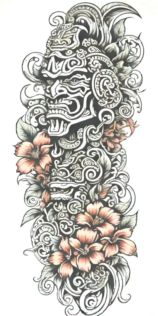 Mayan warrior tongue out on tongue flowers waves Mayan tribal pattern mushrooms   tattoo design idea