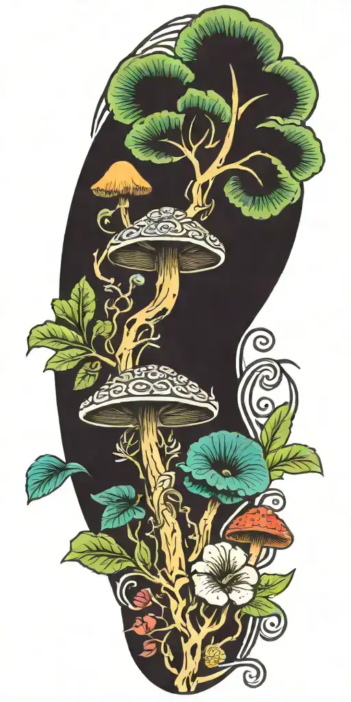 water flower tree leaves trippy mushrooms Mayan warrior  tattoo design idea