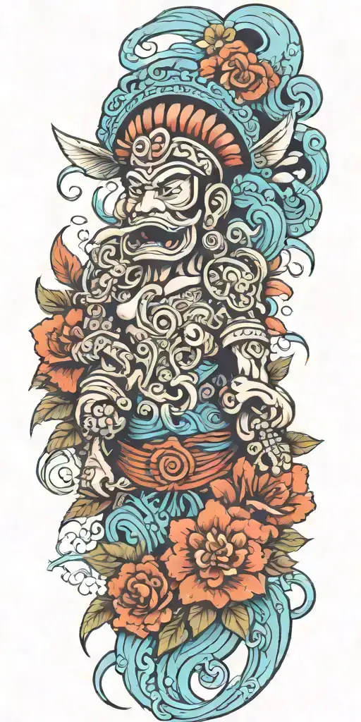  Mayan warrior tongue out on tongue flowers water Mayan tribal pattern mushrooms  tattoo design idea