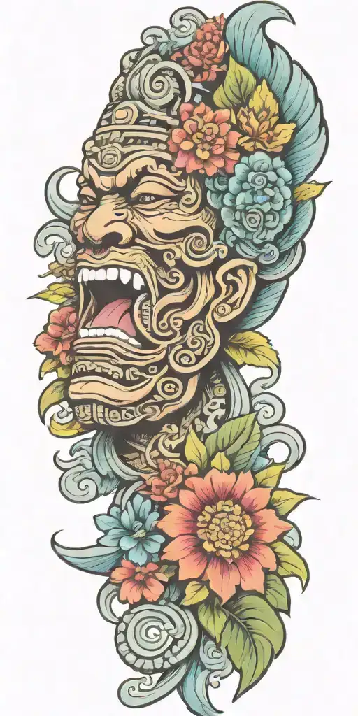  Mayan warrior tongue out acid on tongue flowers water Mayan tribal pattern tattoo design idea