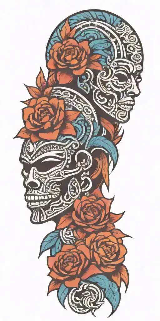  Mayan warrior tongue flowers water Mayan tribal pattern tattoo design idea