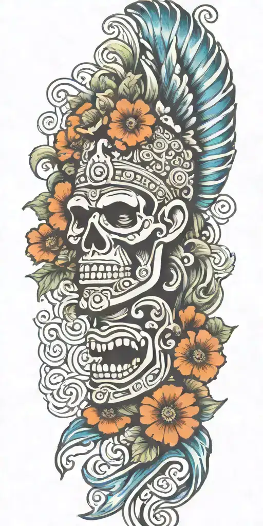  Mayan warrior tongue out on tongue flowers waves Mayan tribal pattern mushrooms   tattoo design idea