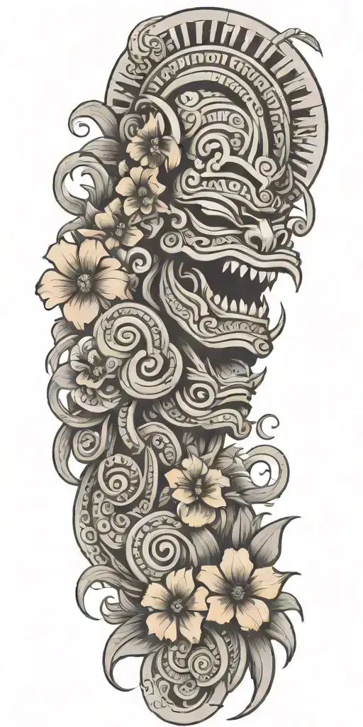  Mayan warrior tongue out on tongue flowers waves Mayan tribal pattern mushrooms   tattoo design idea