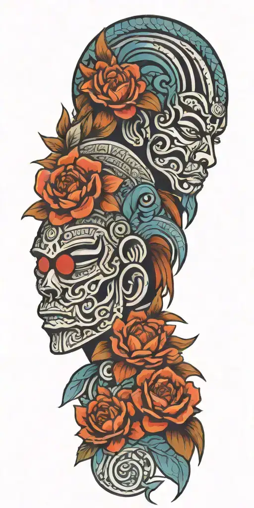  Mayan warrior flowers water Mayan tribal pattern tattoo design idea