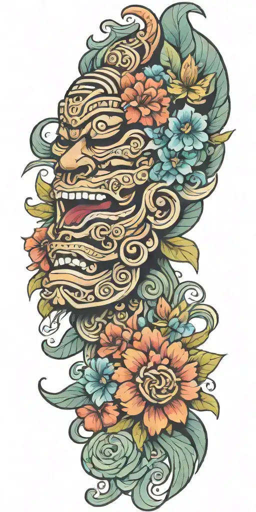  Mayan warrior tongue out flowers water Mayan tribal pattern tattoo design idea