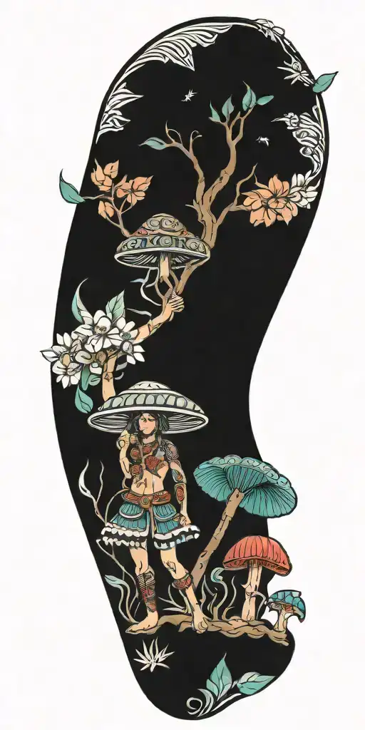 water flower tree leaves trippy mushrooms Mayan warrior  tattoo design idea
