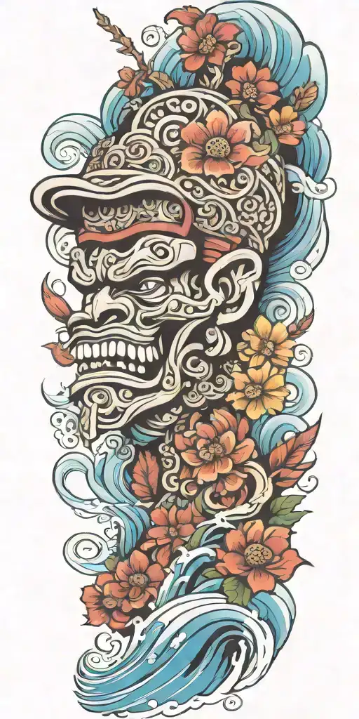 Mayan warrior tongue out on tongue flowers waves Mayan tribal pattern mushrooms   tattoo design idea