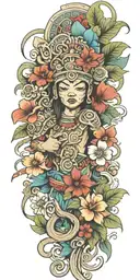  Mayan warrior tongue out on tongue flowers water Mayan tribal pattern mushrooms  tattoo design idea