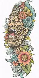  Mayan warrior tongue out acid on tongue flowers water Mayan tribal pattern tattoo design idea