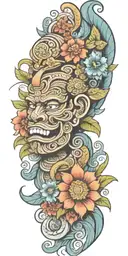  Mayan warrior tongue out acid on tongue flowers water Mayan tribal pattern tattoo design idea