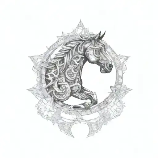 Sleipnir (Odin's eight-legged horse) surrounded by Nordic runes tattoo design idea