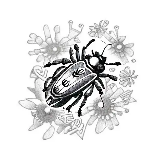 Intricate feminine beetle with flowers and gears and a heart in the design, include the words 202 and elb in a place whe tattoo design idea