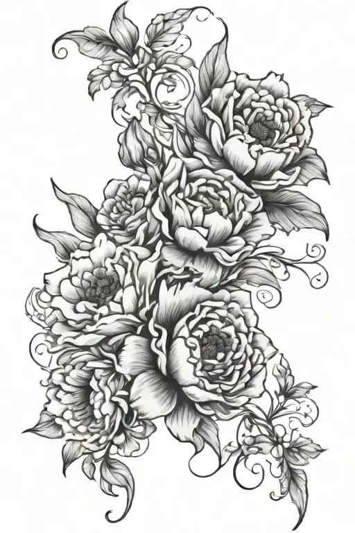 intricate tatto design in black and white  8 flowers featuring: Poppy, gladiolus, Larkspur, peony, holly, narcissus, Cos tattoo design idea
