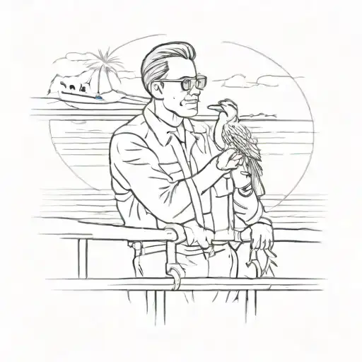 A sketch of a manager enjoying a sunset cruise on a boat in Hawaii, with a cardinal bird perched on the railing, symbolizing peace and serenity tattoo design idea