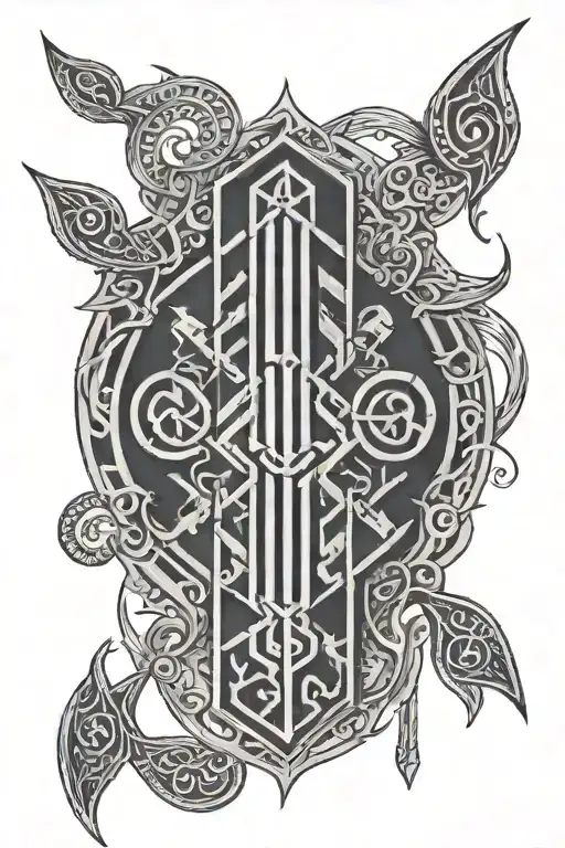 fehu,ansuz,gebo,perthu,mannaz runes forming tattoo design idea