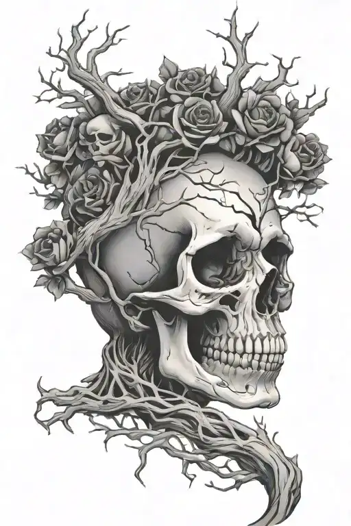 skull lady death tree intertwined tattoo design idea