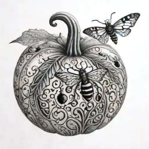 A realistic black and grey pumpkin carved with intricate insect patterns tattoo design idea