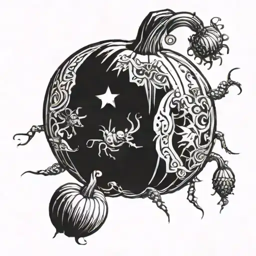 A detailed pumpkin carving with June bugs emerging from it tattoo design idea