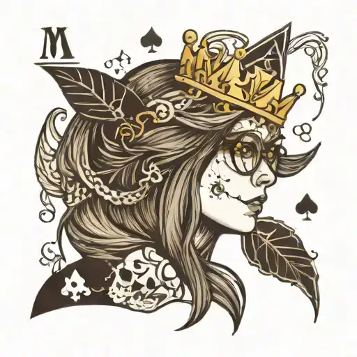 girl in profile with glasses, long straight brown hair, big nose, snuggles, crown, ace of spades card, text:Marjorie tattoo design idea