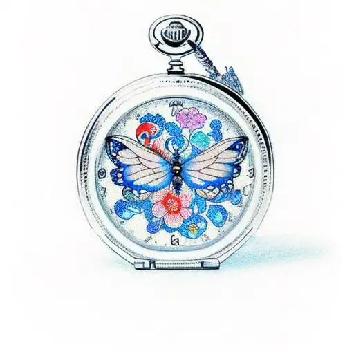 pocket watch with blue butterflies  tattoo design idea