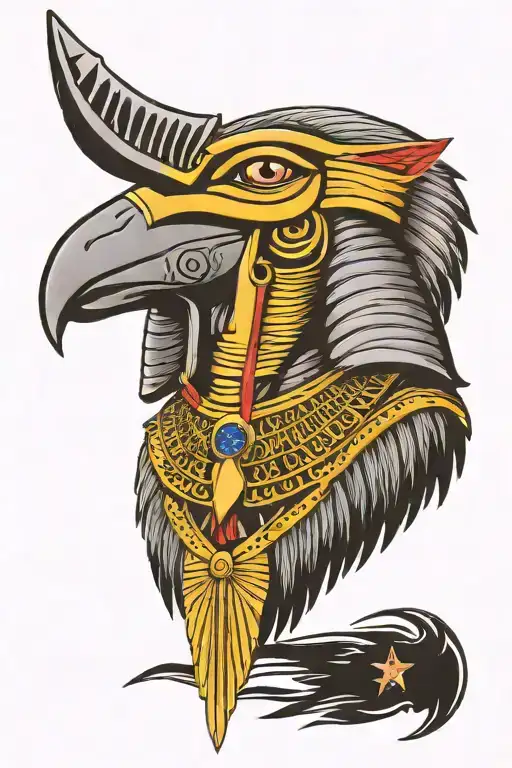 Egyptian god horus with 6 military dog tags hanging off his neckand the american flag behind it all tattoo design idea