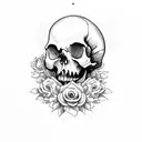 skull with roses and praying hands with rosary beads tattoo design idea