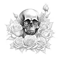 skull with roses and praying hands with rosary beads tattoo design idea