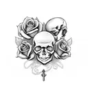 skull with roses and praying hands with rosary beads tattoo design idea