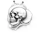 skull with roses and praying hands with rosary beads tattoo design idea