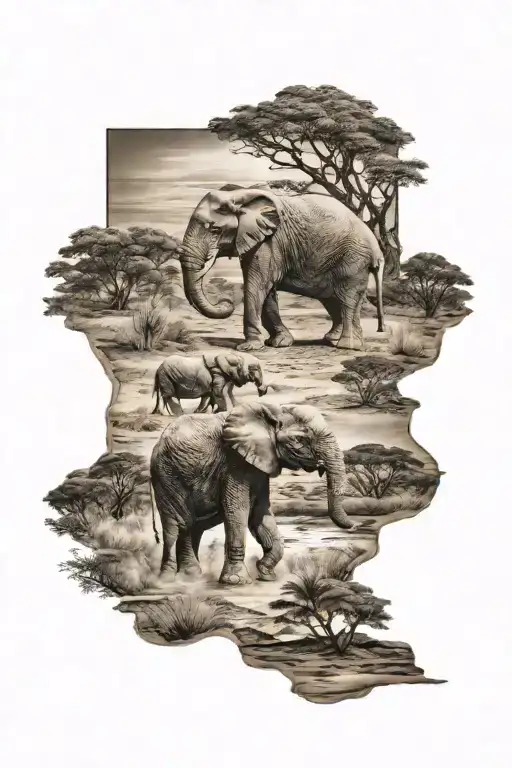 elephant on safari landscape tattoo design idea