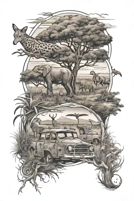 animals  on safari landscape tattoo design idea
