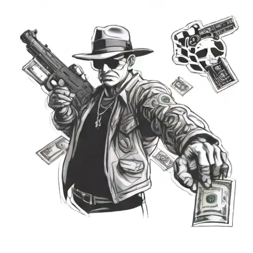 gangster with gun, money and drugs tattoo design idea