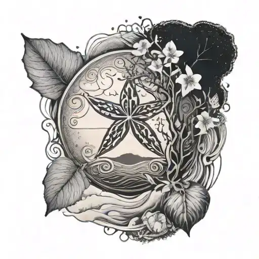 A sand dollar surrounded by elements of nature like waves and trees tattoo design idea