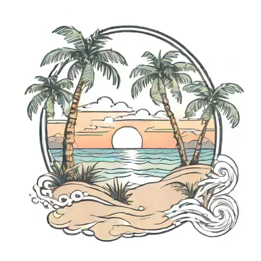 A nature-inspired tattoo featuring a serene beach landscape with palm trees and a sunset, incorporating sand dollars as a focal point tattoo design idea