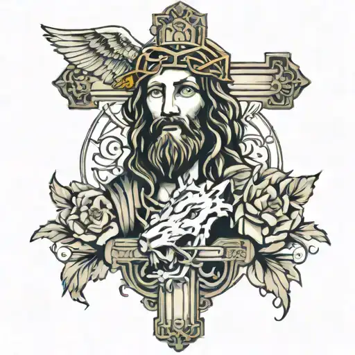 jesus, cross and lion tattoo design idea