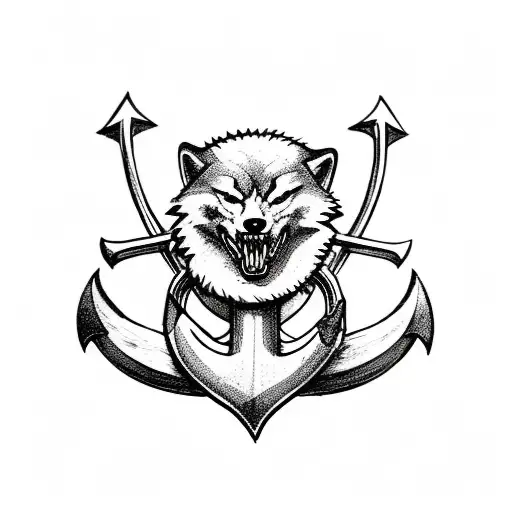 anchor with cross and mean wolf tattoo design idea