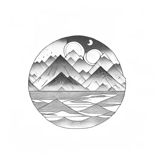 sunrise with mountains and water tattoo design idea