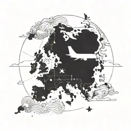 A minimalist outline of a world map with a plane flying over South Korea, incorporating traditional Korean symbols and landmarks tattoo design idea