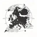 A minimalist outline of a world map with a plane flying over South Korea, incorporating traditional Korean symbols and landmarks tattoo design idea