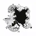 A minimalist outline of a world map with a plane flying over South Korea, incorporating traditional Korean symbols and landmarks tattoo design idea
