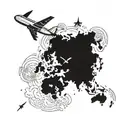 A minimalist outline of a world map with a plane flying over South Korea, incorporating traditional Korean symbols and landmarks tattoo design idea